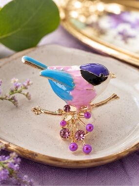 New Purple Pink Blue Bird Brooch Gold Tone Rhinestone Berries